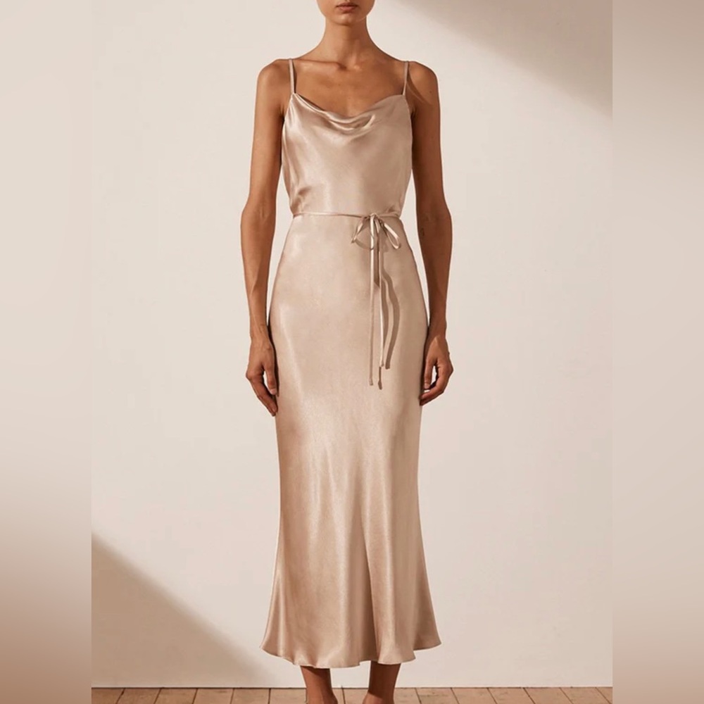 SHONA JOY - LA LUNE BIAS COWL MIDI DRESS - GOLD - SIZE 2